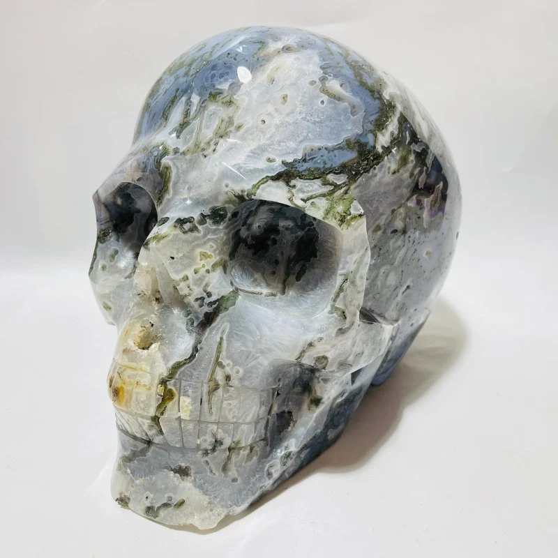 Large Geode Moss Agate Skull Carving - Image 6