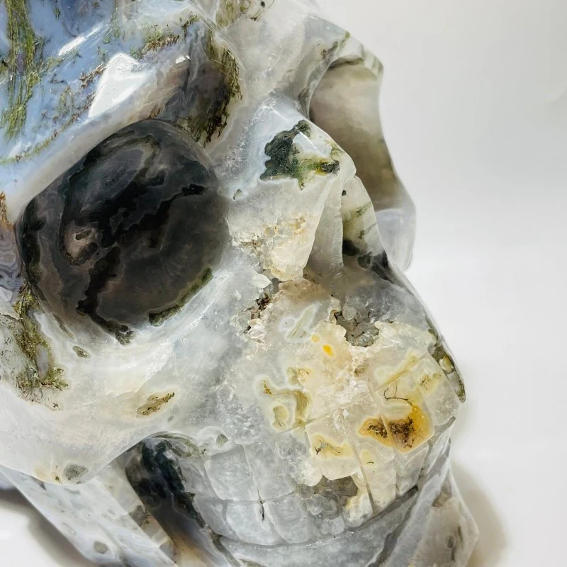 Large Geode Moss Agate Skull Carving - Image 7