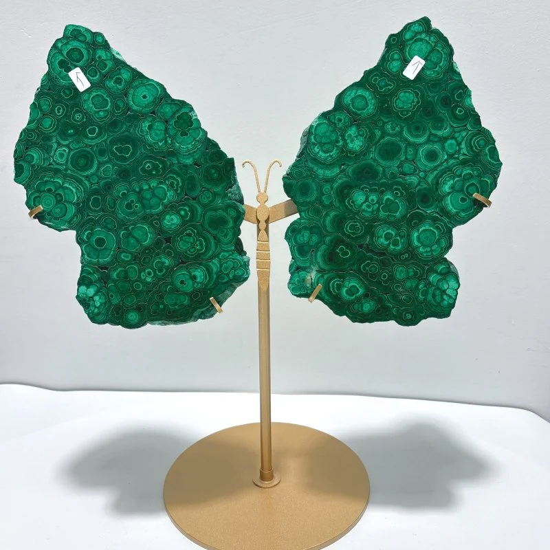 Beautiful Large Polished Malachite Raw Slab Butterfly Wing With Stand (#7)