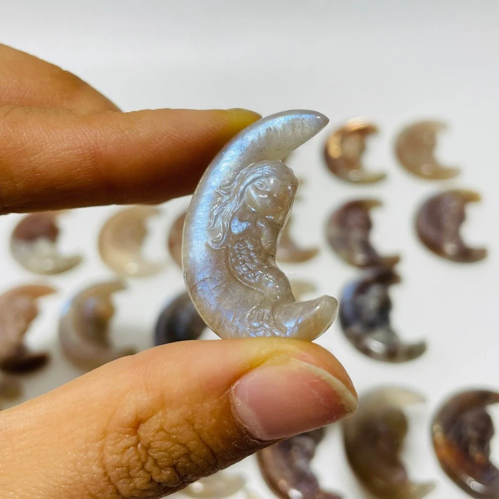 25 Pieces Beautiful Moonstone Mixed Sunstone Mermaid Moon Carving - Image 6
