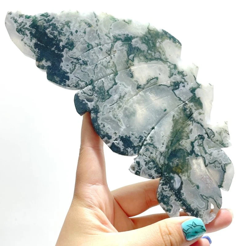 Beautiful Moss Agate Butterfly Wing With Stand - Image 2