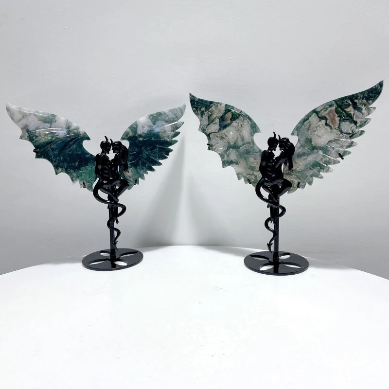 2 Pairs Beautiful Moss Agate Demon And Angel Wing Carving With Stand