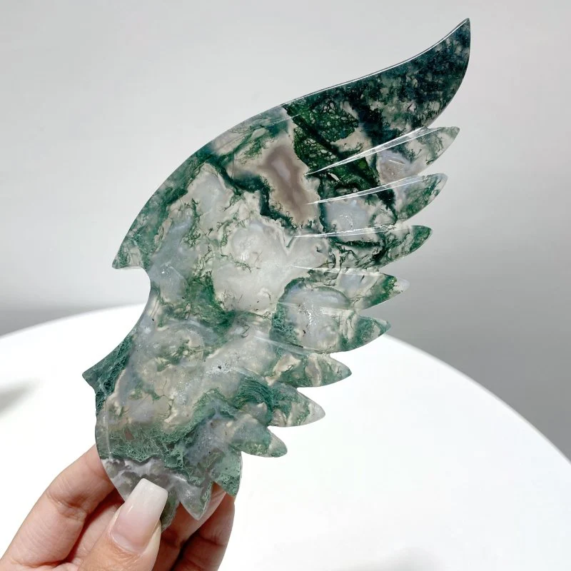 2 Pairs Beautiful Moss Agate Demon And Angel Wing Carving With Stand - Image 2