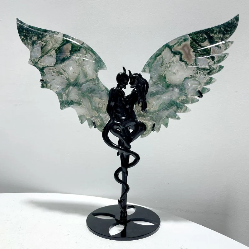 2 Pairs Beautiful Moss Agate Demon And Angel Wing Carving With Stand - Image 3
