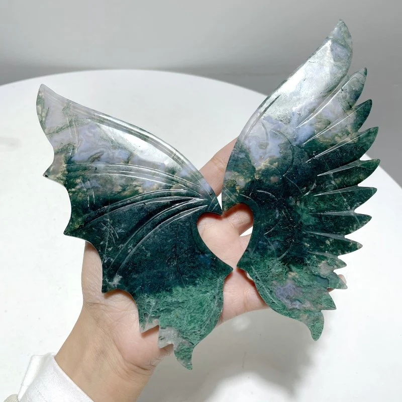 2 Pairs Beautiful Moss Agate Demon And Angel Wing Carving With Stand - Image 4