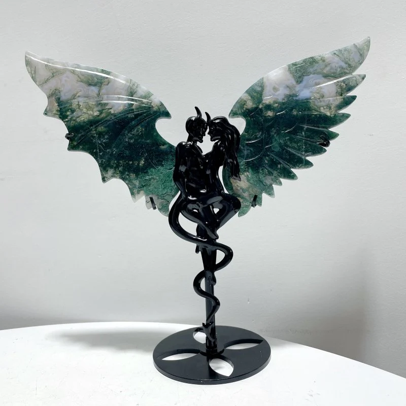2 Pairs Beautiful Moss Agate Demon And Angel Wing Carving With Stand - Image 5