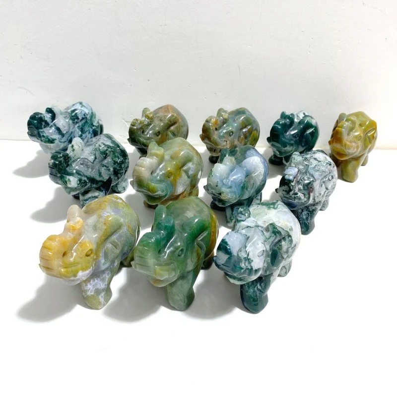 12 Pieces Beautiful Moss Agate Elephant Carving