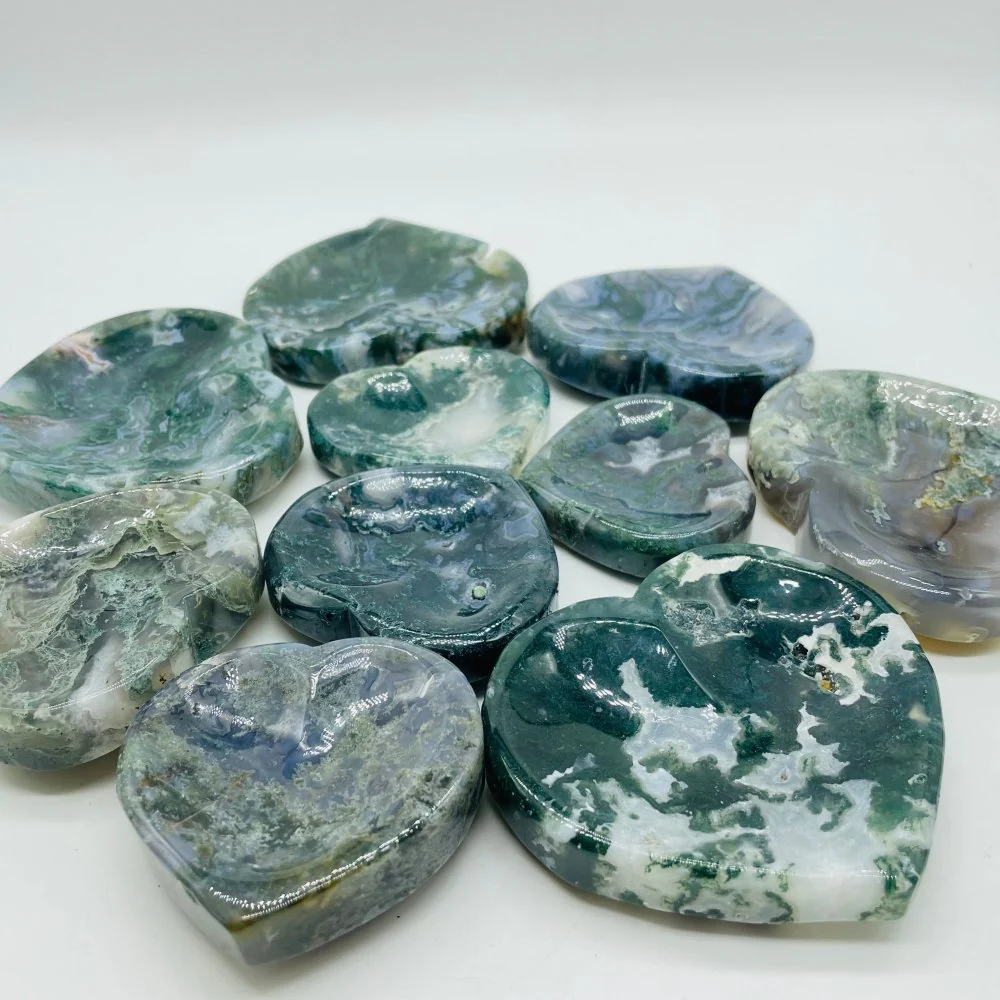 Beautiful Moss Agate Heart Shallow Bowl Carving Wholesale - Image 2