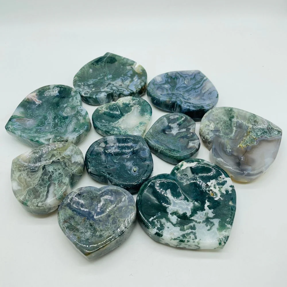Beautiful Moss Agate Heart Shallow Bowl Carving Wholesale - Image 3