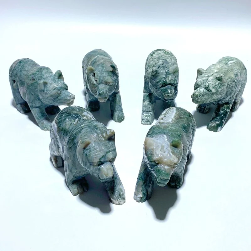 6 Pieces Beautiful Moss Agate Bear Carving - Image 2
