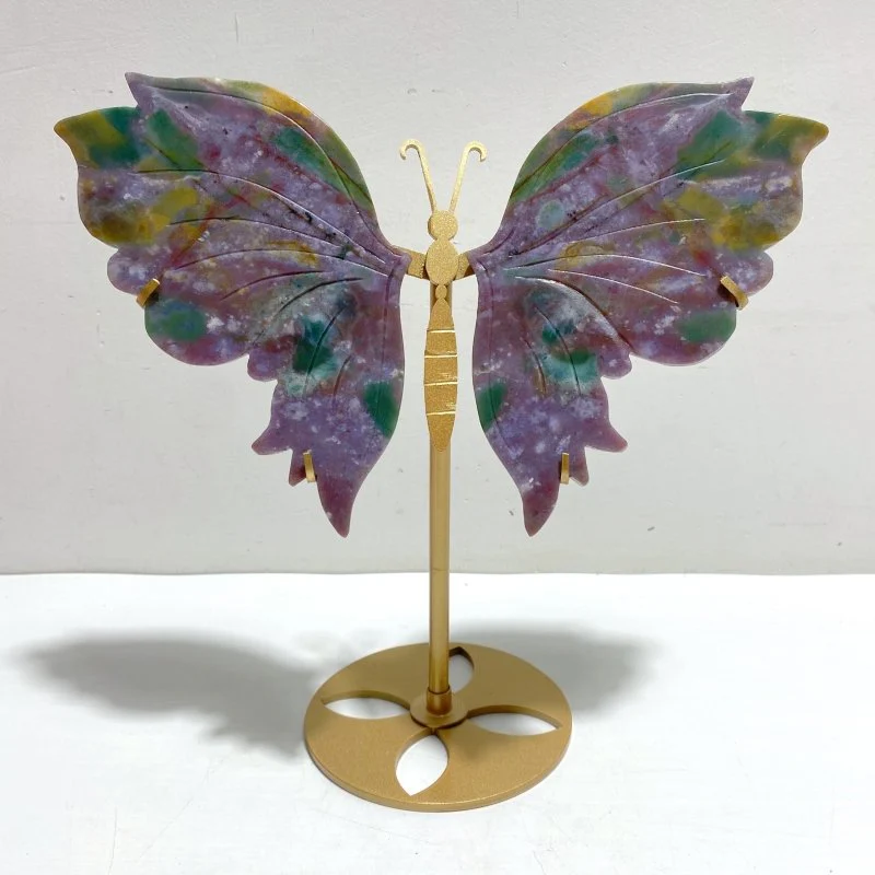 Beautiful Symmetric Ocean Jasper Butterfly Wing Carving With Stand