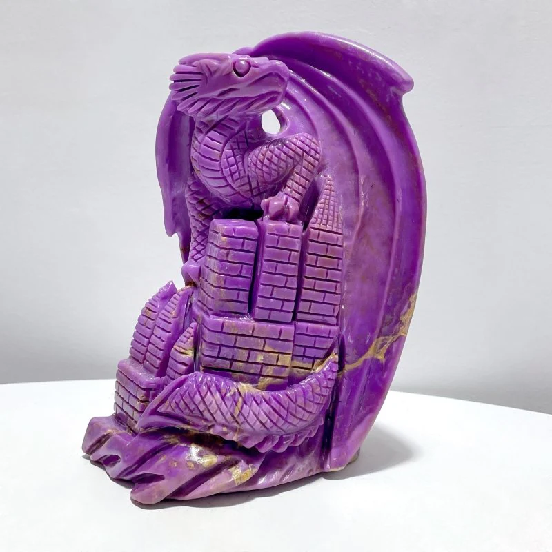 Beautiful Phosphosiderite Flying Dragon With Castle Carving