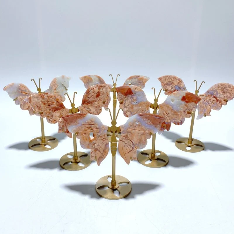6 Pairs Pink Agate Butterfly Wing Carving With Stand
