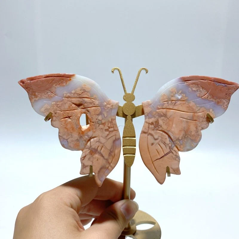 6 Pairs Pink Agate Butterfly Wing Carving With Stand - Image 2