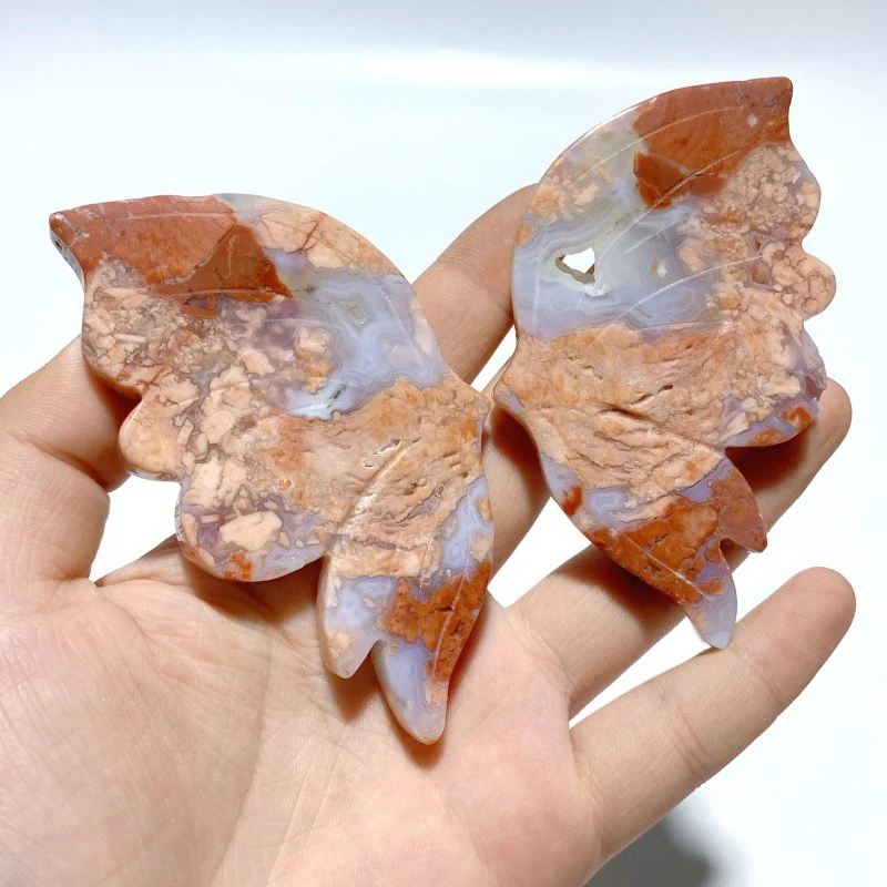 6 Pairs Pink Agate Butterfly Wing Carving With Stand - Image 5