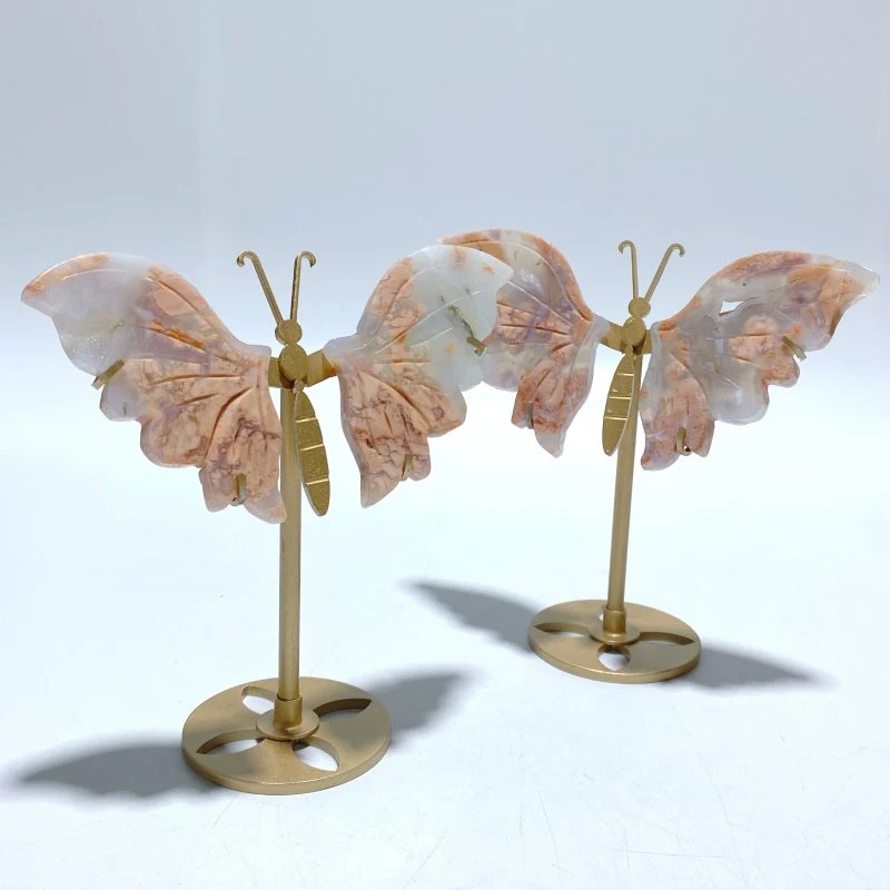 6 Pairs Pink Agate Butterfly Wing Carving With Stand - Image 6