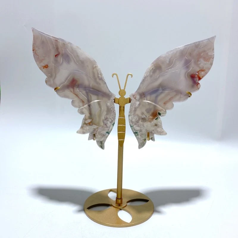 Beautiful Flower Agate Butterfly Wing Carving With Stand