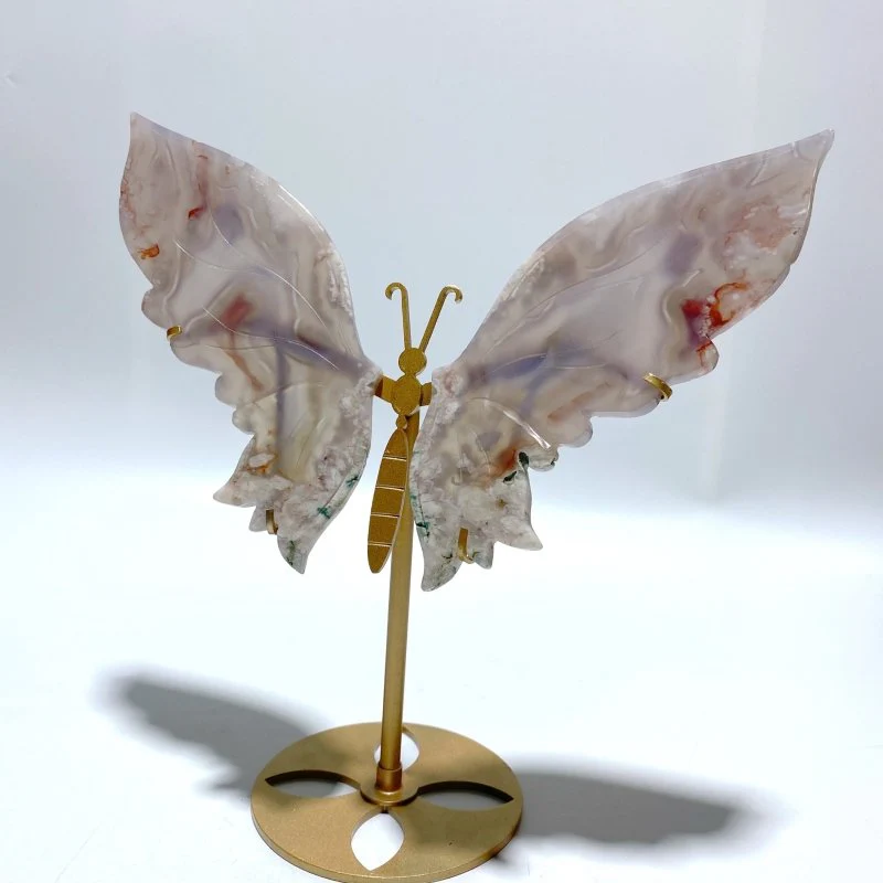 Beautiful Flower Agate Butterfly Wing Carving With Stand - Image 5