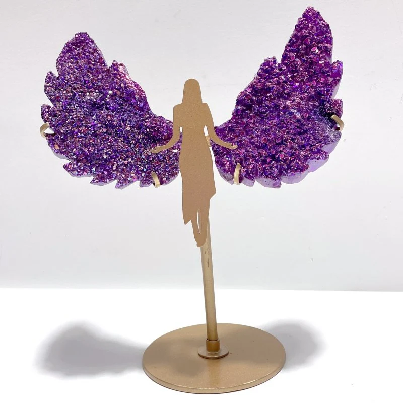 Beautiful Purple Aura Quartz Cluster Angel Wing With Stand