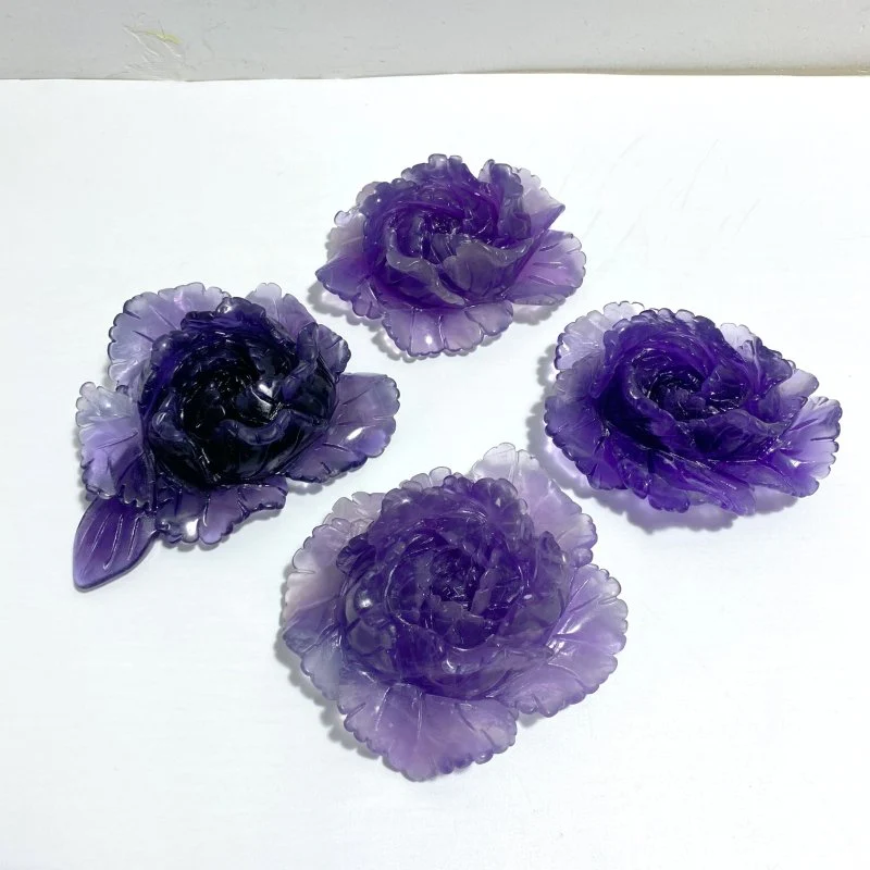 4 Pieces Beautiful Purple Fluorite Flower Carving #2
