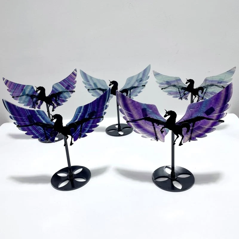 5 Pairs Rainbow Fluorite Pegasus Wing Crystal Carving With Stand