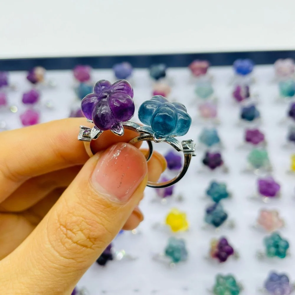 Beautiful Rainbow Fluorite Flower Ring Wholesale - Image 3