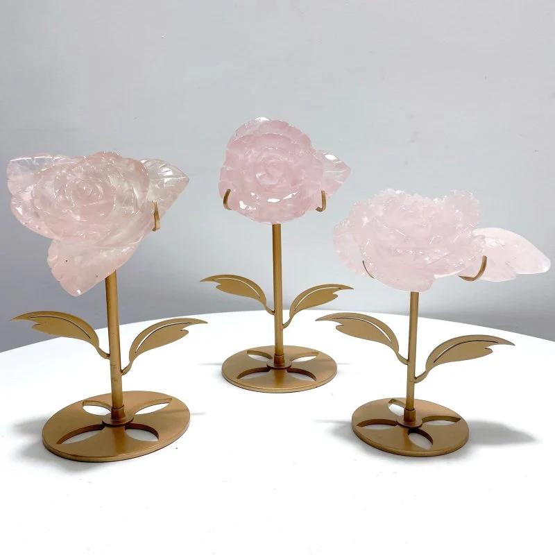 3 Pairs Beautiful Rose Quartz Flower Carving With Stand