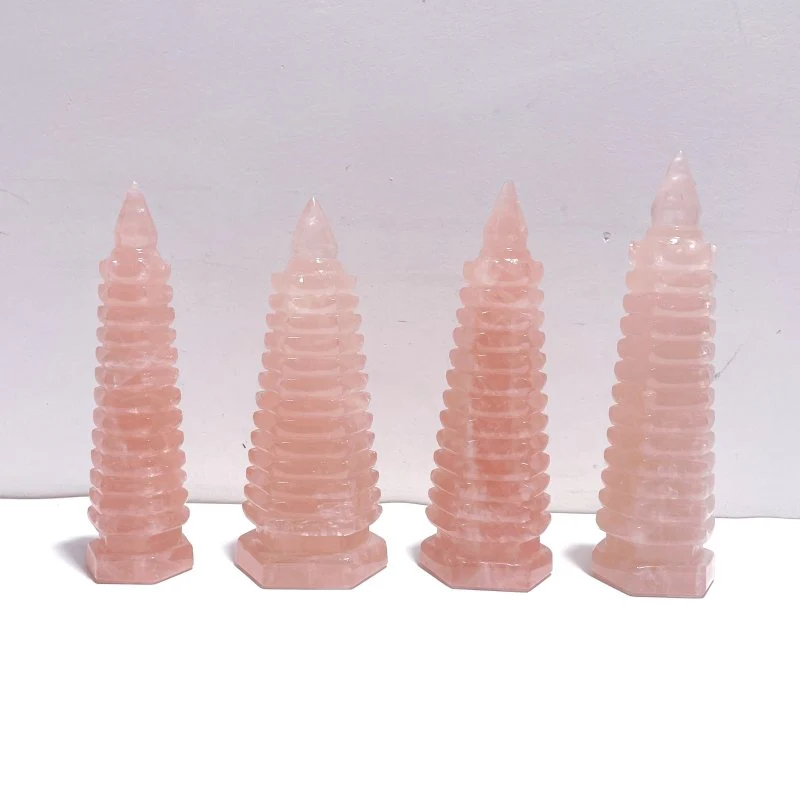4 Pieces Beautiful Rose Quartz Wenchang Tower 13-level Pagoda