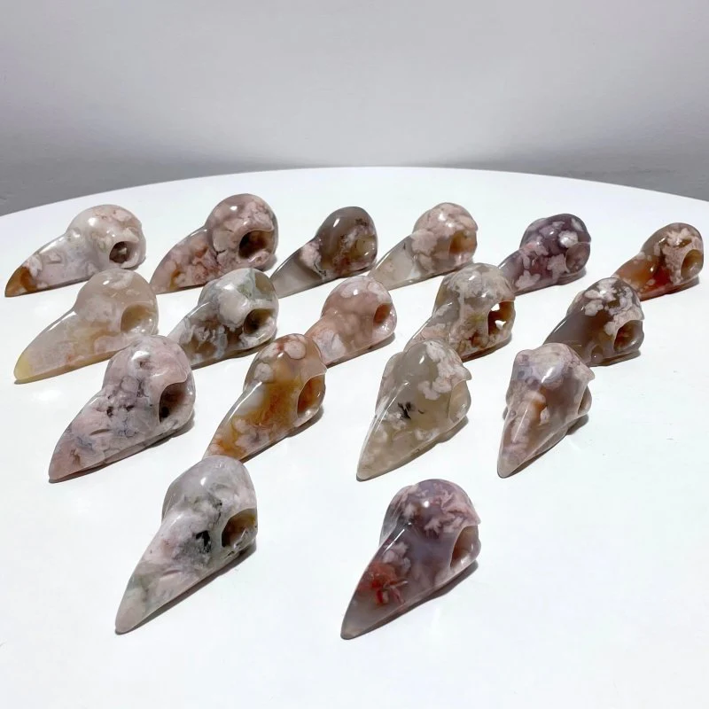 17 Pieces Beautiful Sakura Flower Agate Crow Skull Carving