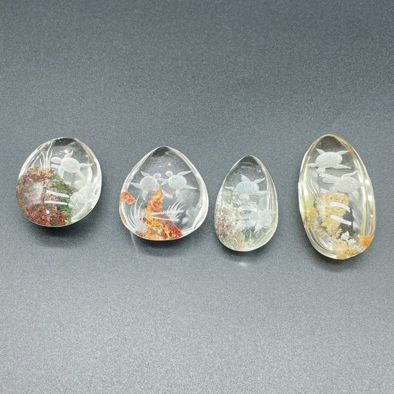 4 Pieces Beautiful Sea Turtle Garden Quartz Inner Scene Carving - Image 4