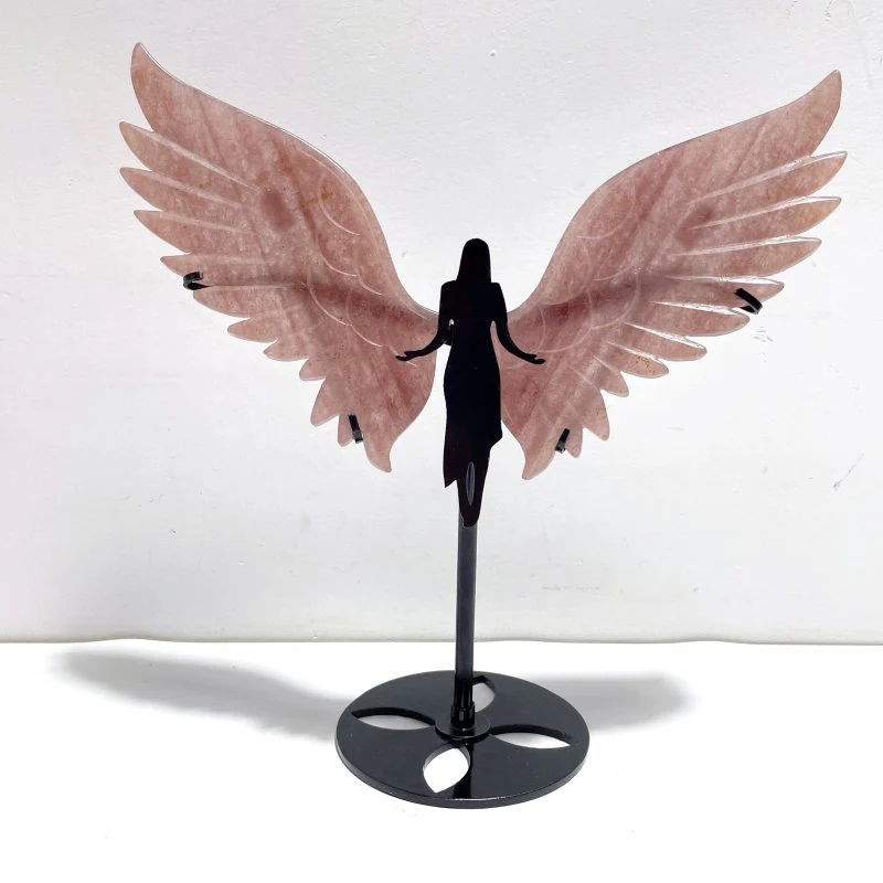 Beautiful Strawberry Quartz Angel Wing Carving With Stand