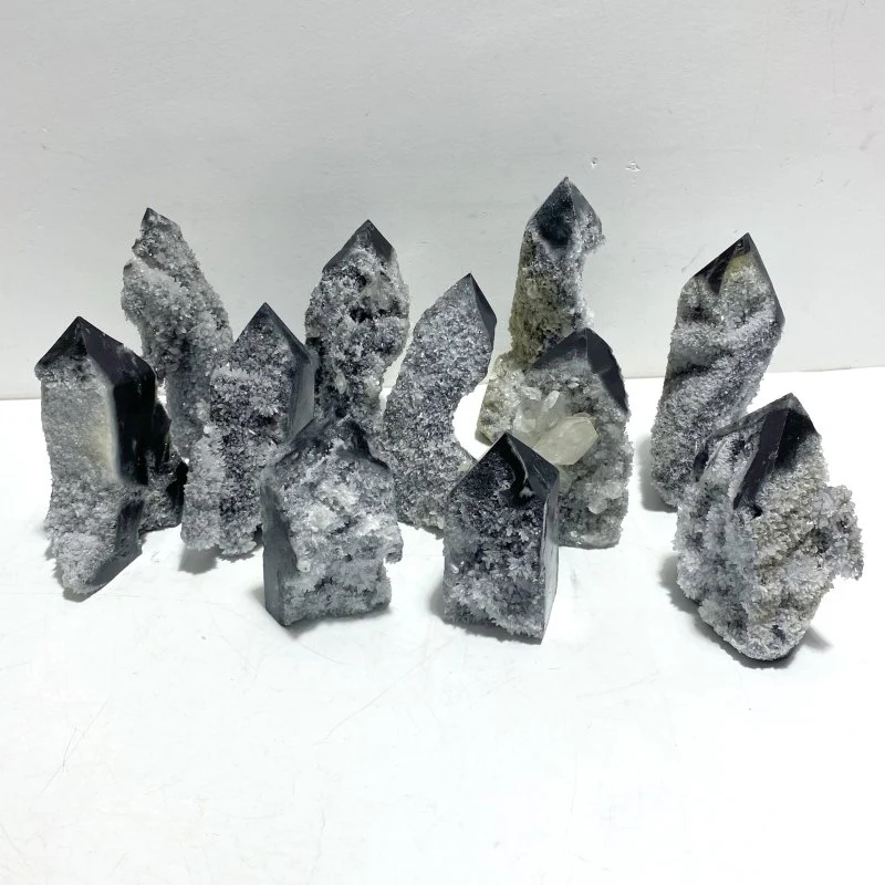11 Pieces Black Clear Quartz Cluster Raw Side Point Tower