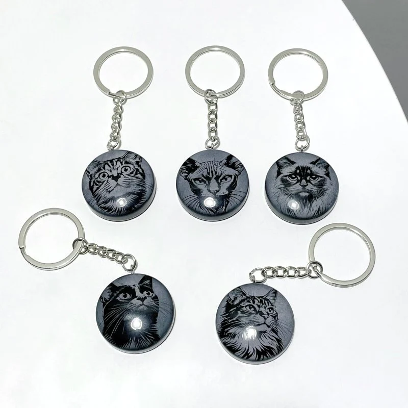 Black Obsidian Engraved Cat Round Slices Keychain Wholesale