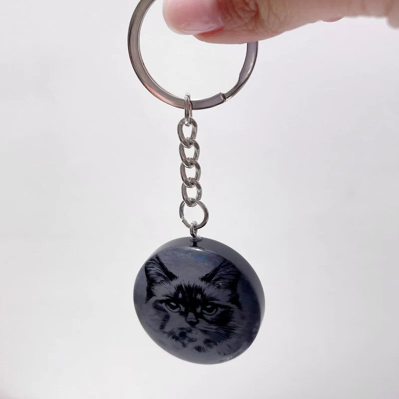 Black Obsidian Engraved Cat Round Slices Keychain Wholesale - Image 8