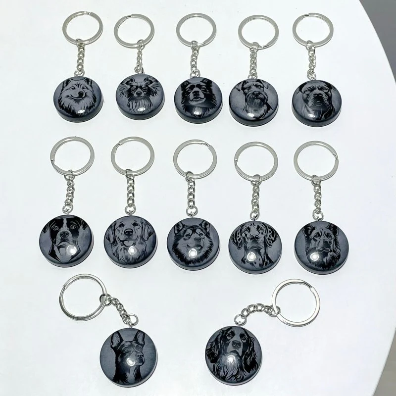 Black Obsidian Engraved Dog Round Slices Keychain Wholesale