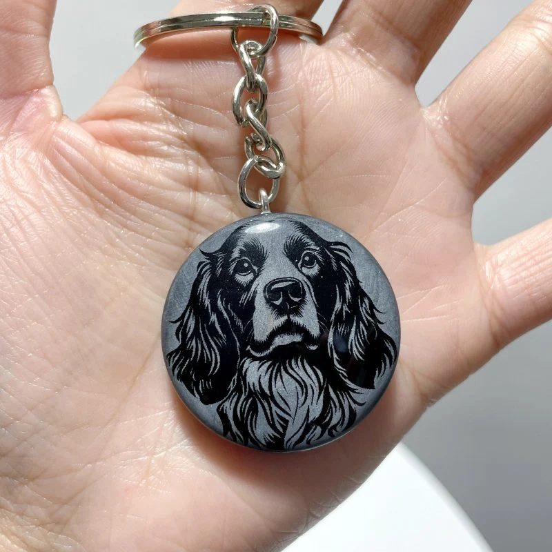 Black Obsidian Engraved Dog Round Slices Keychain Wholesale - Image 11