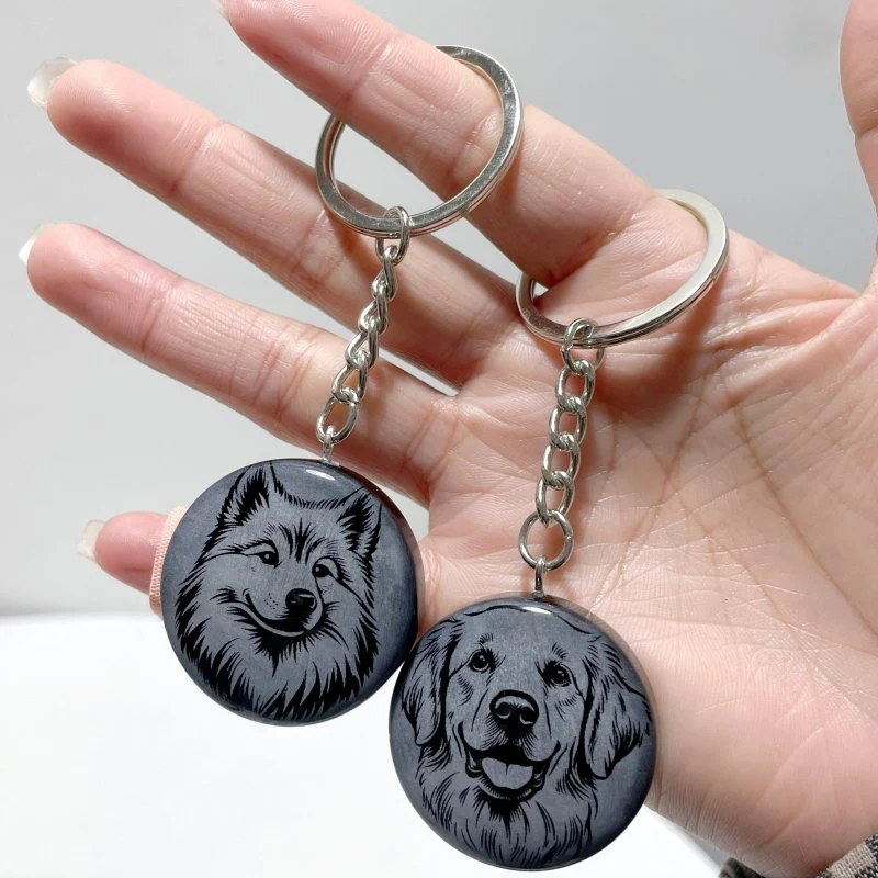 Black Obsidian Engraved Dog Round Slices Keychain Wholesale - Image 2