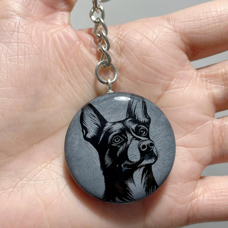 Black Obsidian Engraved Dog Round Slices Keychain Wholesale - Image 4