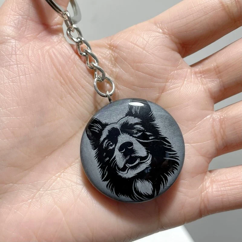 Black Obsidian Engraved Dog Round Slices Keychain Wholesale - Image 5