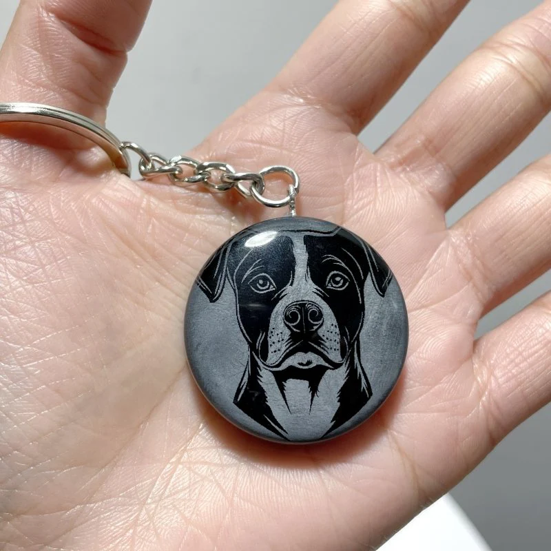 Black Obsidian Engraved Dog Round Slices Keychain Wholesale - Image 7