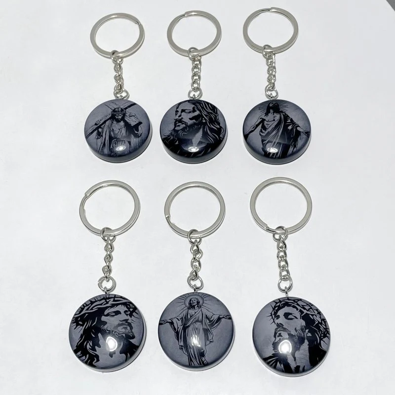 Black Obsidian Engraved Jesus Christ Round Slices Keychain Wholesale