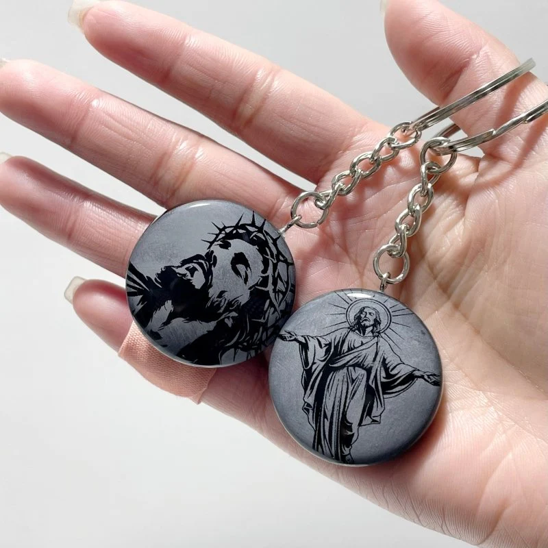 Black Obsidian Engraved Jesus Christ Round Slices Keychain Wholesale - Image 2