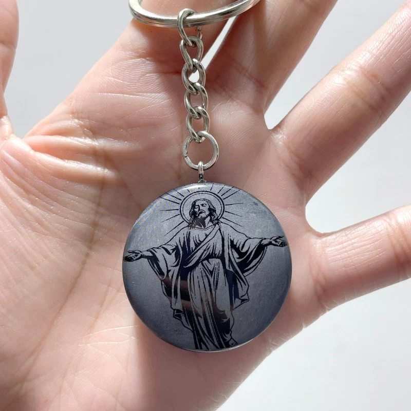 Black Obsidian Engraved Jesus Christ Round Slices Keychain Wholesale - Image 3