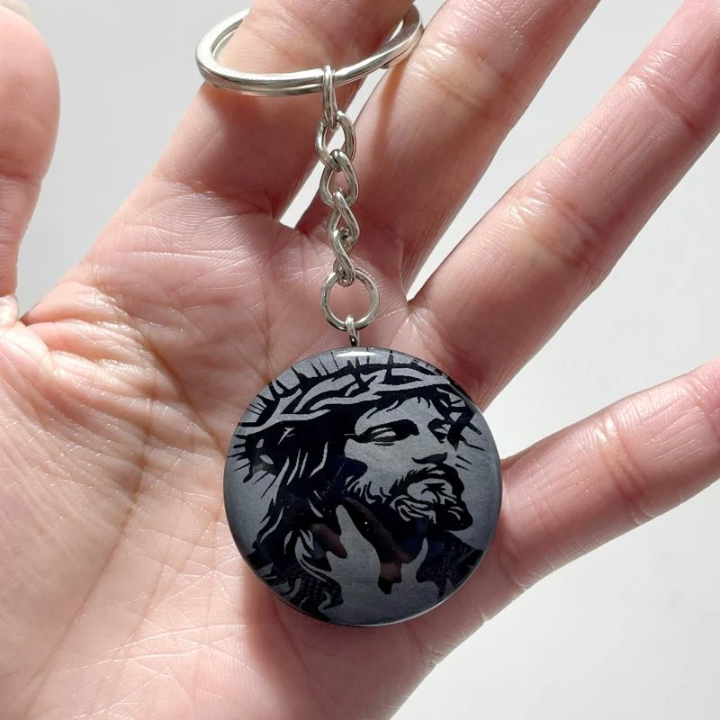 Black Obsidian Engraved Jesus Christ Round Slices Keychain Wholesale - Image 4