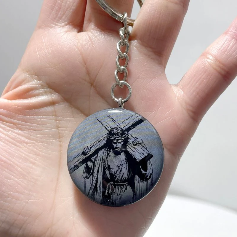 Black Obsidian Engraved Jesus Christ Round Slices Keychain Wholesale - Image 6