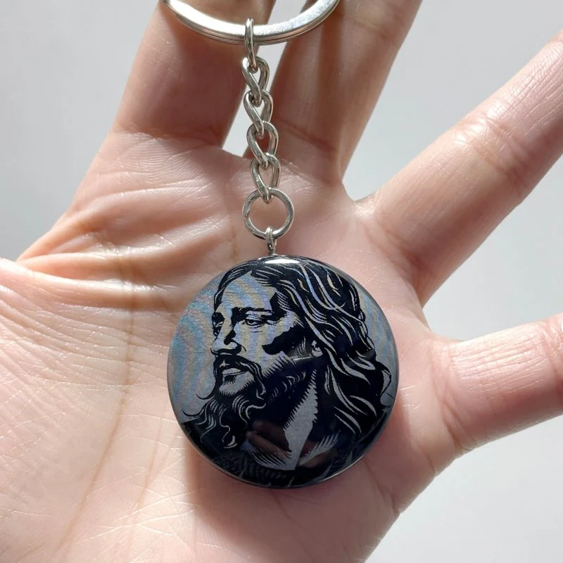 Black Obsidian Engraved Jesus Christ Round Slices Keychain Wholesale - Image 7