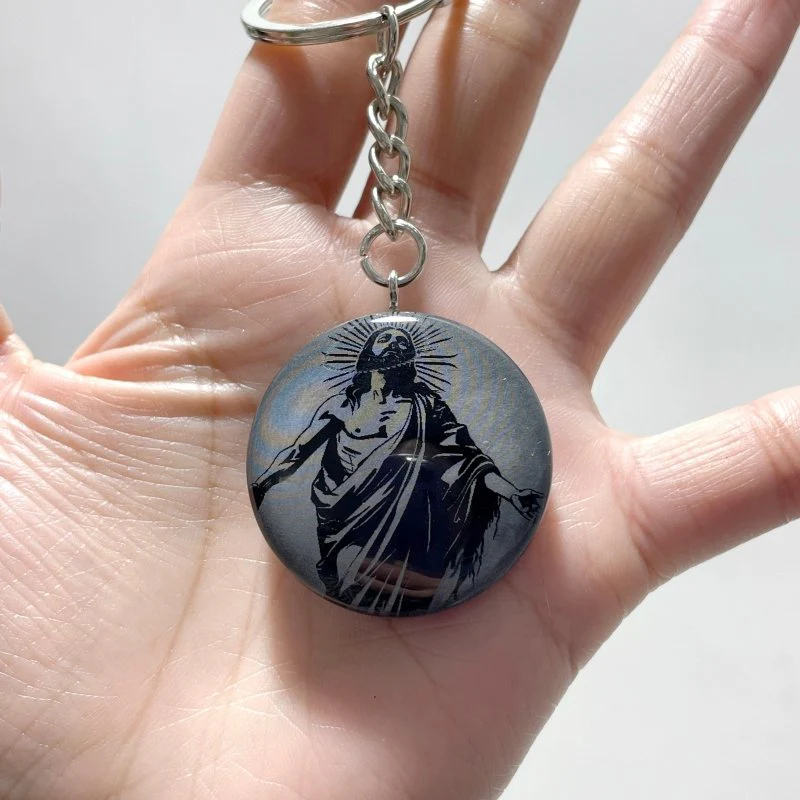 Black Obsidian Engraved Jesus Christ Round Slices Keychain Wholesale - Image 8