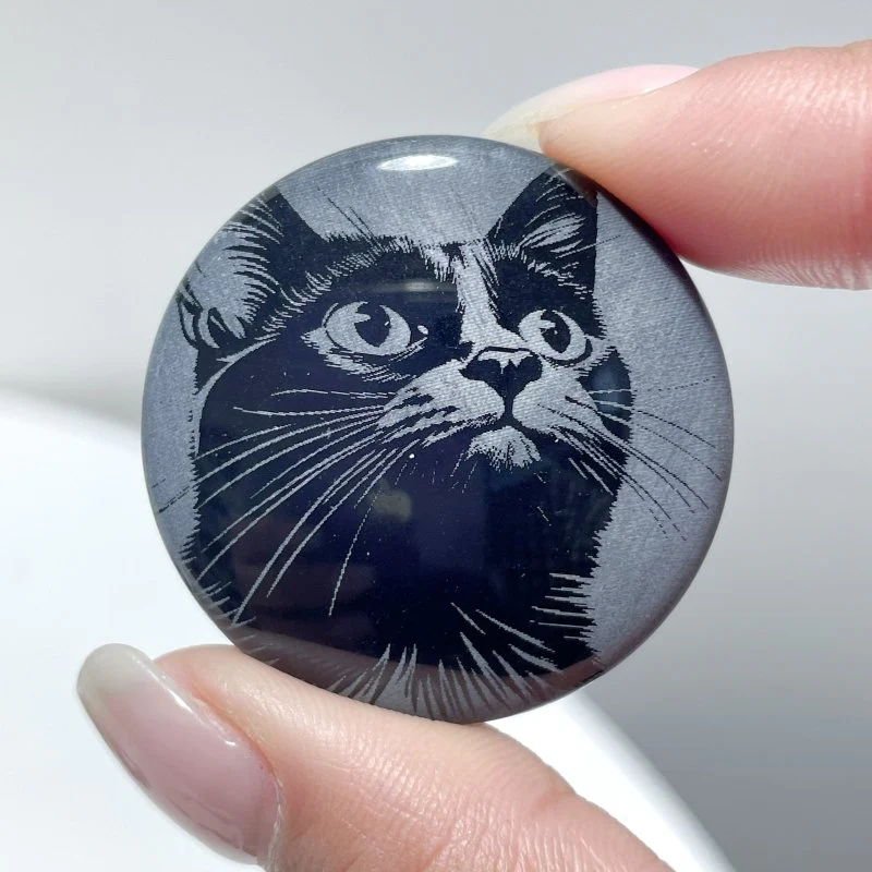 Black Obsidian Engraved Cat Round Slices DIY Accessories Wholesale - Image 3