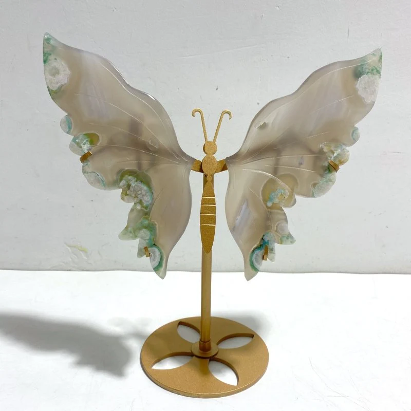 Green Sakura Flower Agate Butterfly Wing Carving With Stand