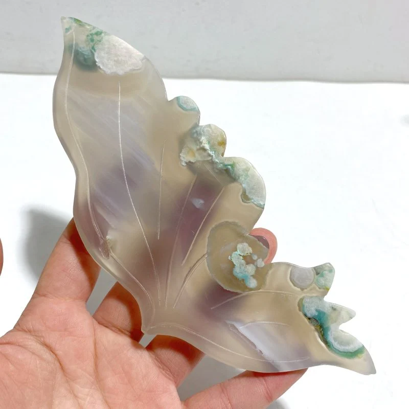 Green Sakura Flower Agate Butterfly Wing Carving With Stand - Image 3